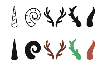 Naklejka premium Mystical Horn Icons. Linear minimalistic mystical horns icon: unicorn horn, ram horn, stag antlers, dragon horn, demon horn, faun