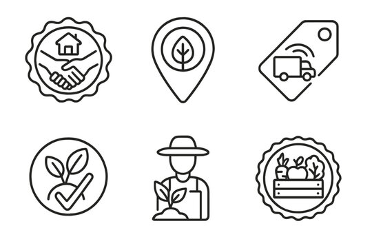 Local Sourcing Icons. Line style icons of local sourcing certifications: community certified stamp, traceable origin logo,