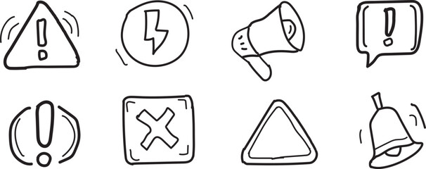 Hand Drawn Alert Warning and Notification Icons Set Doodle Style