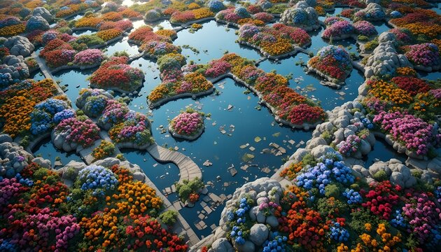 &ldquo;Sky garden with multicolor floral patterns forming living mosaics viewed from above.&rdquo;
