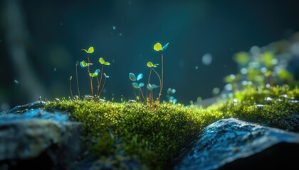 Tiny green sprouts emerge from moss-covered rocks