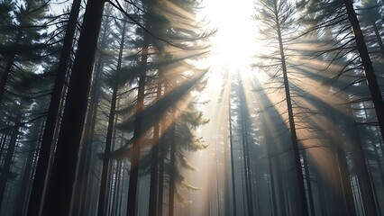 evergreen. Sunlit pine forest with morning mist, creating a serene and majestic natural scene. travel magazines, destination branding, designed for travel destination branding.