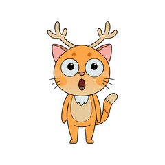 Fototapeta premium Surprised cartoon orange cat with antlers and big eyes isolated on white background
