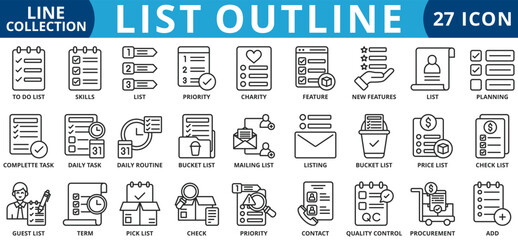 List icon set outline style icon set collection vector illustration