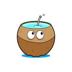 Cute cartoon coconut with big eyes and a straw isolated on white background