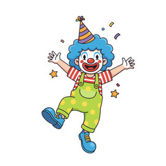 Joyful Cartoon Clown With Blue Curly Hair Wearing A Party Hat And Green Overalls With Yellow Polka Dots Celebrating With Confetti And Stars On A Black Background