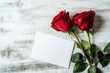 Two red roses beside a blank card on a light wood surface