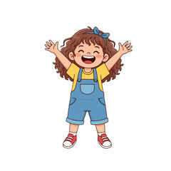 Joyful Cartoon Girl With Curly Brown Hair In A Yellow Shirt Blue Overalls And Red Sneakers With Arms Raised In Celebration And Happiness Against A Black Background Detailed Flat Vector Illustration