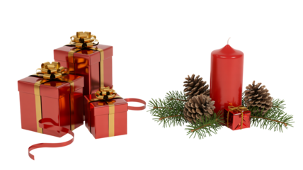 Luxurious red gift boxes with gold ribbons and festive pine cones surround a tall red candle, perfect for holiday promotions and winter celebrations.