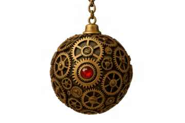 Steampunk brass sphere hanging with gears and red jewel showing intricate clockwork mechanism on transparent background