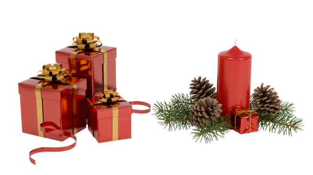 Luxurious red gift boxes with gold ribbons and festive pine cones surround a tall red candle, perfect for holiday promotions and winter celebrations.