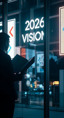 Businessman contemplates the future 2026 vision with illuminated signage outdoors