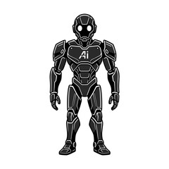 Futuristic Robot Character Wearing Armor With AI Logo Detail In Dark Background