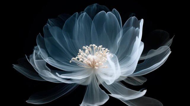 A mesmerizing close-up video of a translucent flower on a black background, captured from a low angle, highlighting delicate petals and intricate details. Live desktop wallpaper.