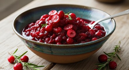Festive Cranberry Sauce Bowl on Rustic Wood.