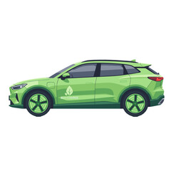 Green Hybrid Electric Car Side View With Energy Leaf Logo On White Background Flat Vector Design