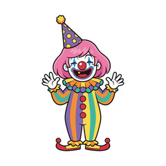 Happy Cartoon Clown Wearing a Colorful Striped Jumpsuit and Polka Dot Hat with Pink Hair and a Red Nose in a Festive Mood