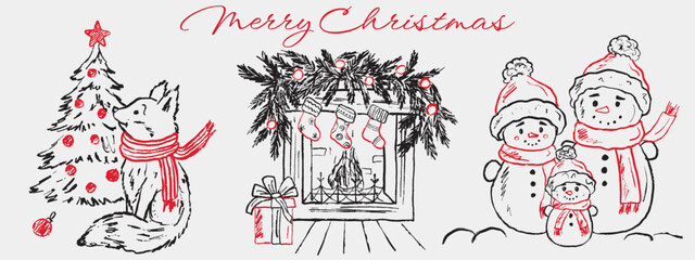 Hand drawn Merry Christmas set of illustrations. Snowman happy family, fireplace with stockings, gift box, garland, and fox sitting near the Christmas tree. Vector sketch drawings in crayon style