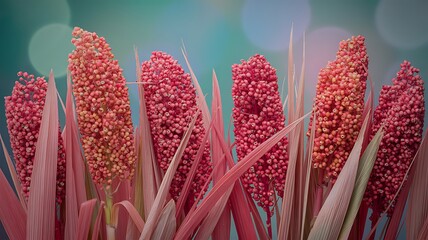 Close Up Abstract View of Vibrant Red and Orange Plant Seed Heads Emerging From Greenery