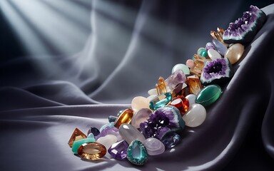 A Collection of Precious and Semi-Precious Gemstones Displayed on Luxurious Fabric