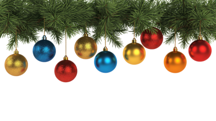 Festive Christmas tree branches adorned with sparkling red, gold, and blue baubles create a joyful holiday border, perfect for seasonal celebrations and winter designs.