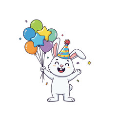 Happy White Rabbit Wearing A Party Hat Holding A Bunch Of Colorful Balloons And Confetti In The Air Celebrating A Birthday Event Isolated On Black Background