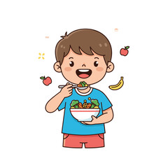 Happy young boy in a blue t-shirt and red shorts enthusiastically eating a bowl of salad with a spoon surrounded by floating fruits like apples and a banana on a transparent background
