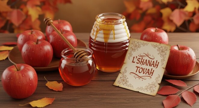 Autumn harvest of apples and honey with a rosh hashanah greeting card - Powered by Adobe