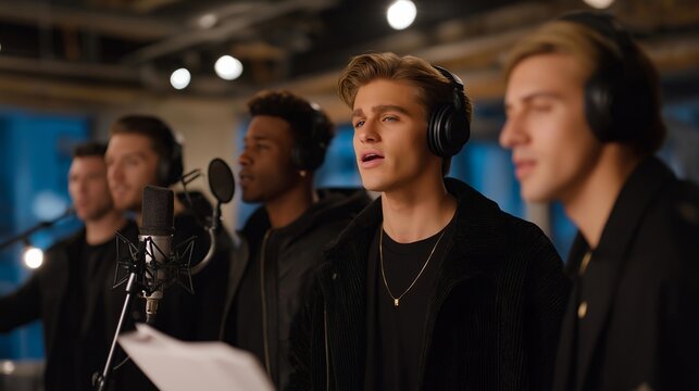 Wide shot of music production studio with multiple producers interacting with AR displays, symbolizing collaborative sound design, innovative recording technology, and next-generation creative