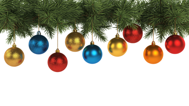 Festive Christmas tree branches adorned with sparkling red, gold, and blue baubles create a joyful holiday border, perfect for seasonal celebrations and winter designs. - Powered by Adobe