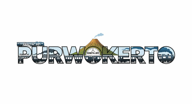 Illustration Purwokerto city name with train volcano and Kereta Api logo