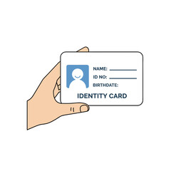 Human Hand Holding White Identity Card with Blue Icon and Text Fields on Clean White Background Vector Illustration