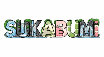 Illustration Sukabumi text typography decorated with waterfall and vegetation nature landscape