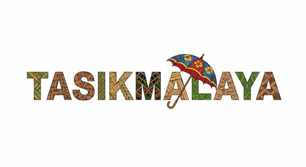 Decorative tasikmalaya text with texture and colorful umbrella illustration