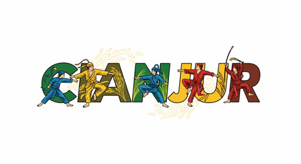 Flat vector Cianjur illustration with Pencak Silat martial arts fighters