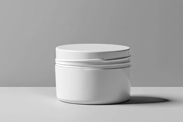 Blank white cosmetic jar on a light gray surface