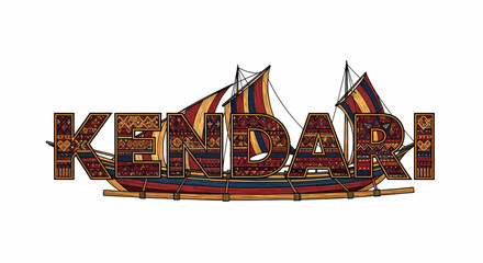 Decorative kendari illustration featuring traditional boat lettering and cultural elements
