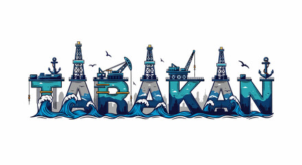 Illustration Tarakan city typography featuring offshore oil rigs and waves
