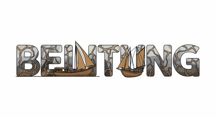 Illustration depicting Belitung lettering with boats and stone texture design