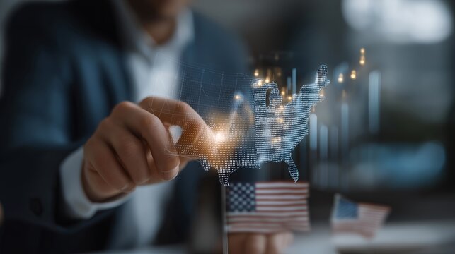 Close-up of hands interacting with holographic charts while a miniature USA flag stands nearby, highlighting modern business innovation, national pride in corporate settings, and