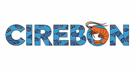 Illustration Cirebon typography with cloud pattern and a shrimp image