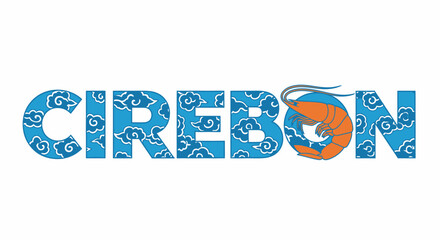 Vector Cirebon city text art with shrimp and cloud patterns
