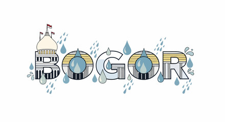 Illustration Bogor text design with building flag and falling raindrops decoration