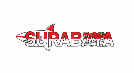 Illustration Surabaya city emblem with shark and crocodile design flag background