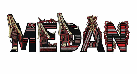 Decorative lettering of medan city name with traditional house elements