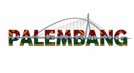 Decorative Palembang text with Ampera bridge silhouette Indonesian cultural design