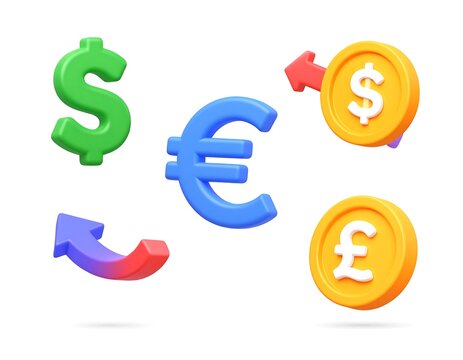 A 3D rendered graphic featuring currency symbols and arrows suggesting financial transactions and exchange rates