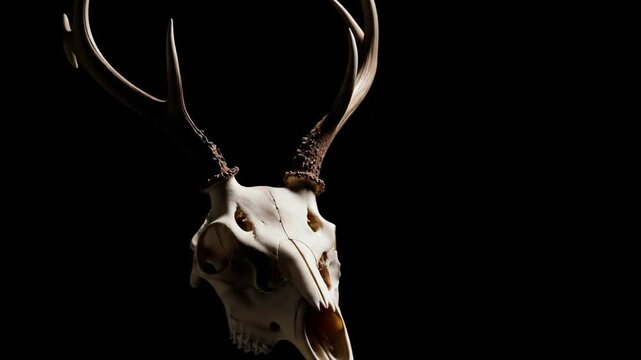 Deer skull with antlers, lit dramatically on a black background
