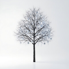 Elegant bare tree adorned with silver ornaments and icicles on white