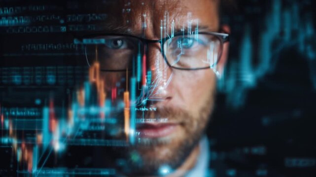 man with sharpened focus and glasses observing market chart hologram data graphs